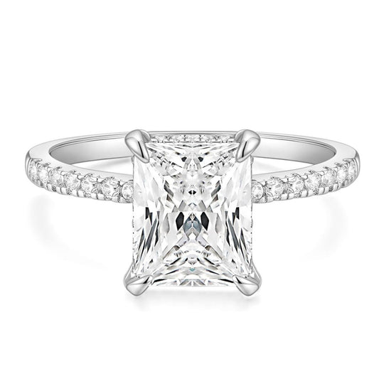 Rectangular white diamond edge four-prong ring, silver plated light luxury ring for women