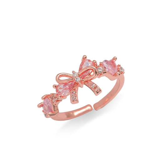 Rose Gold Pink Bow Butterfly Adjustable Ring, Elegant Open Band Jewelry