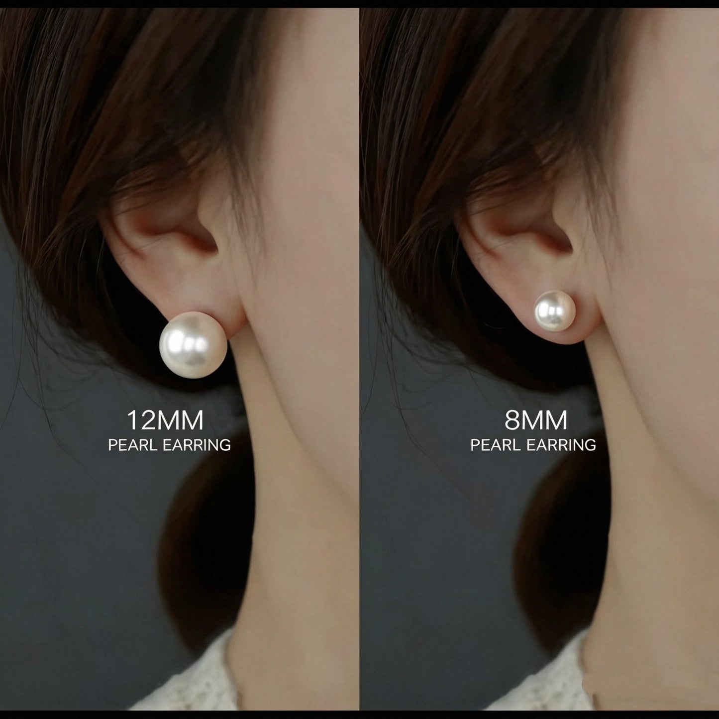 Shell pearl stud earrings 8mm vs 12mm size comparison on ear, hypoallergenic white pearl earrings for women