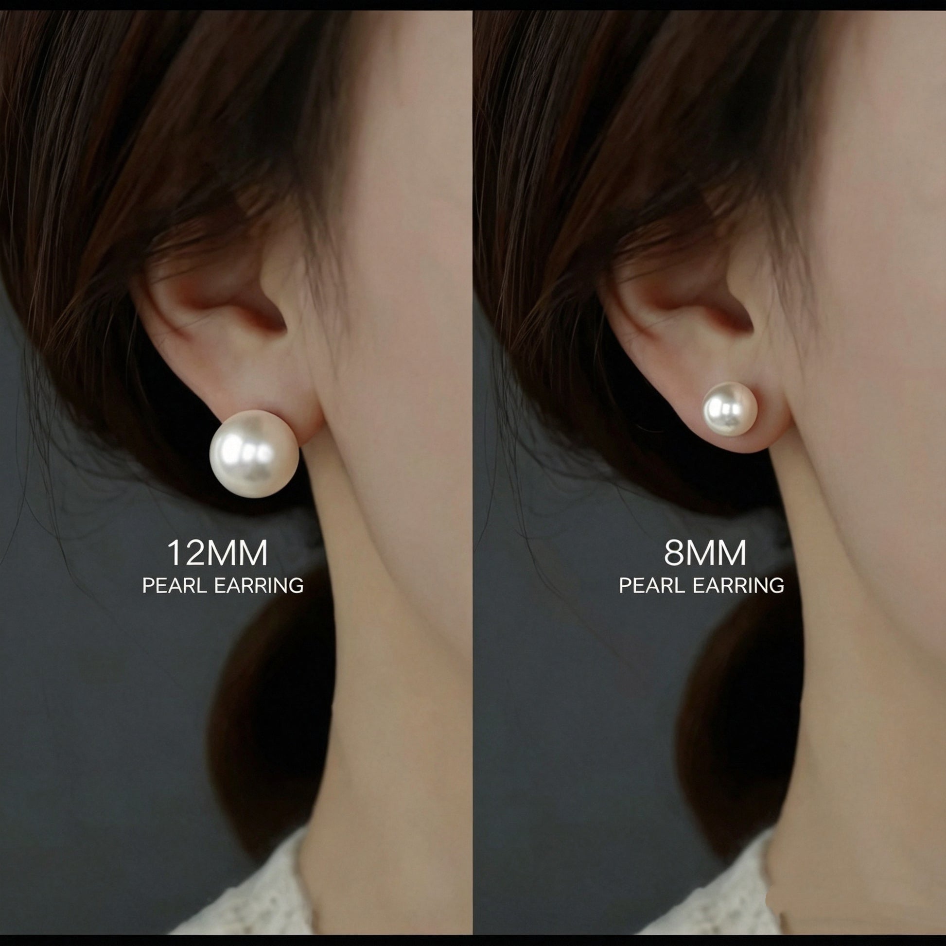 Shell pearl stud earrings 8mm vs 12mm size comparison on ear, hypoallergenic white pearl earrings for women