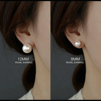 Shell pearl stud earrings 8mm vs 12mm size comparison on ear, hypoallergenic white pearl earrings for women