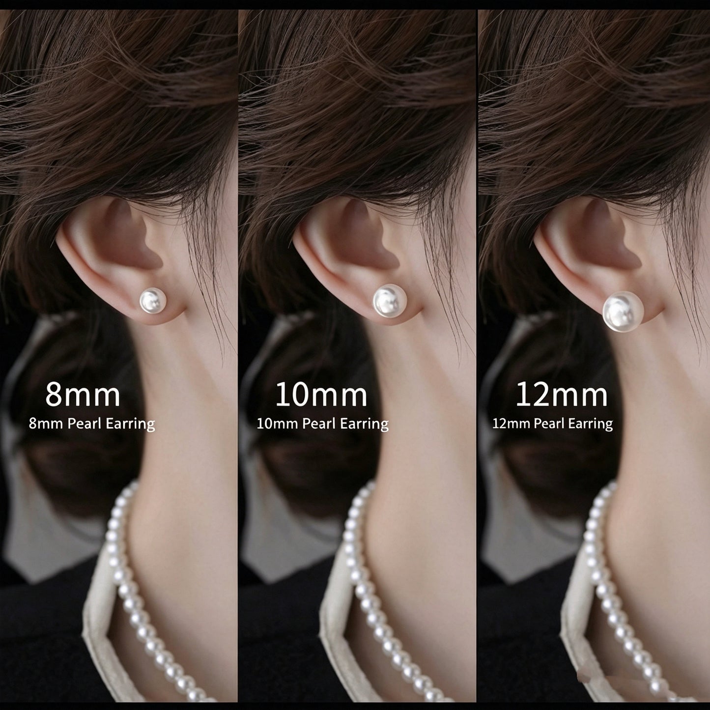 Shell pearl stud earrings wearing size reference, 8mm 10mm 12mm on ear, hypoallergenic pearl earrings for women