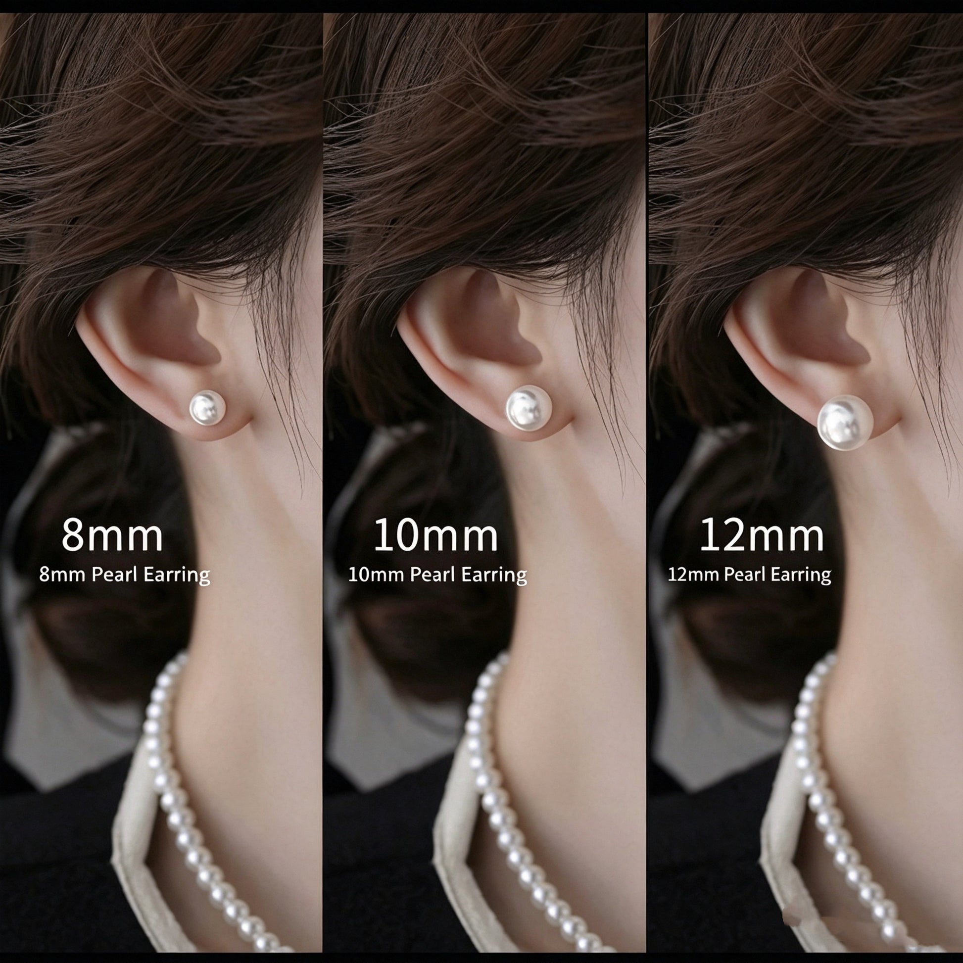 Shell pearl stud earrings wearing size reference, 8mm 10mm 12mm on ear, hypoallergenic pearl earrings for women