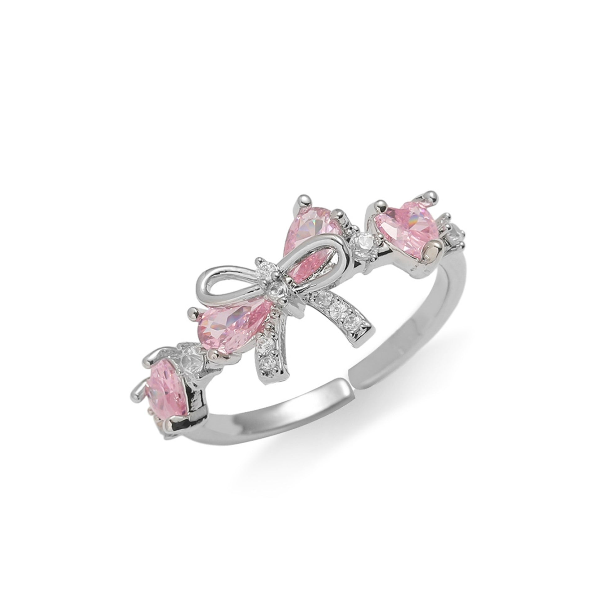 Silver Pink Bow Butterfly Adjustable Ring, Dainty Open Band Jewelry Gift
