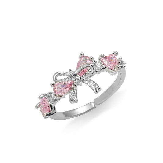 Silver Pink Bow Butterfly Adjustable Ring, Dainty Open Band Jewelry Gift