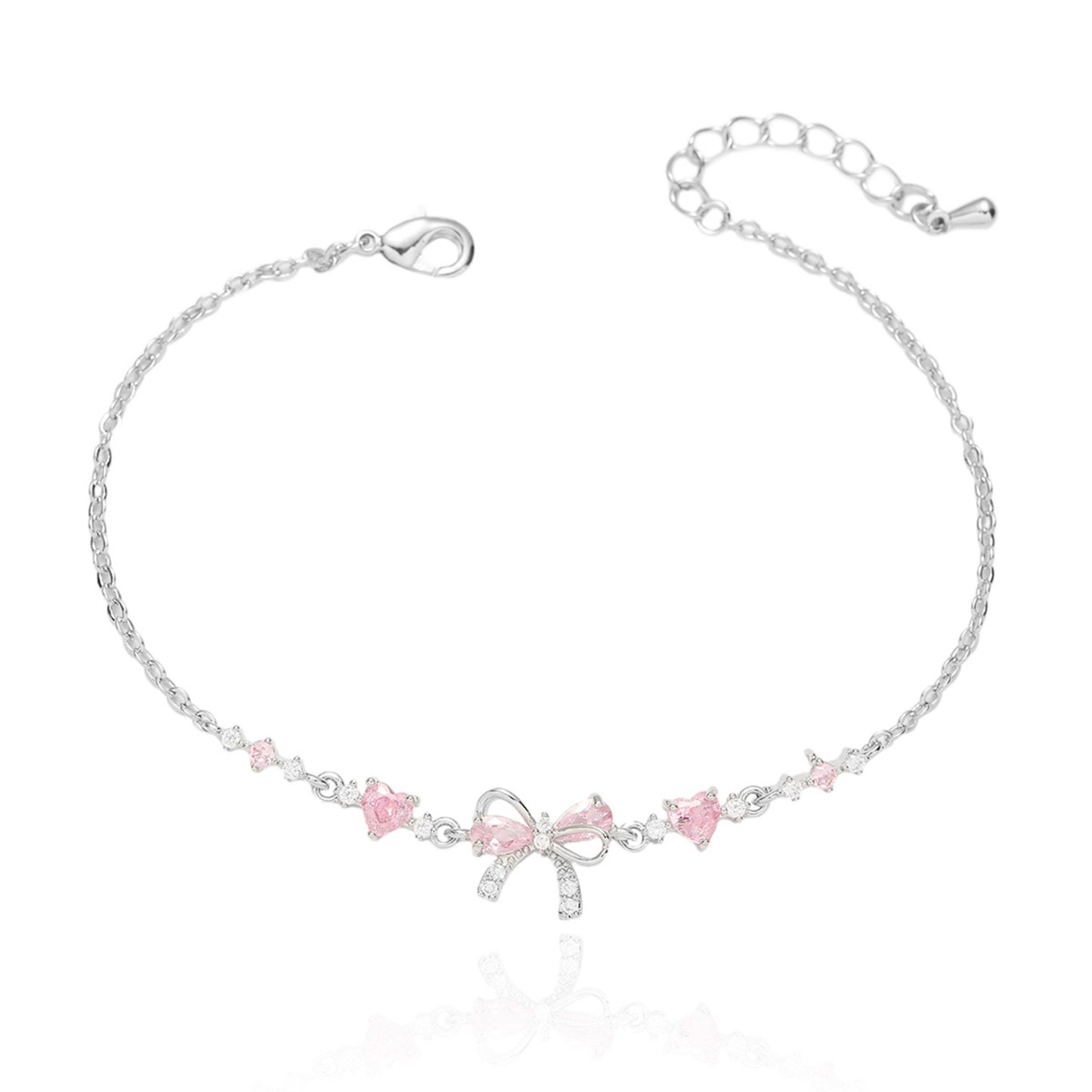 Dainty Silver Pink Bow Butterfly Bracelet for Women, Sparkle Charm Jewelry Gift