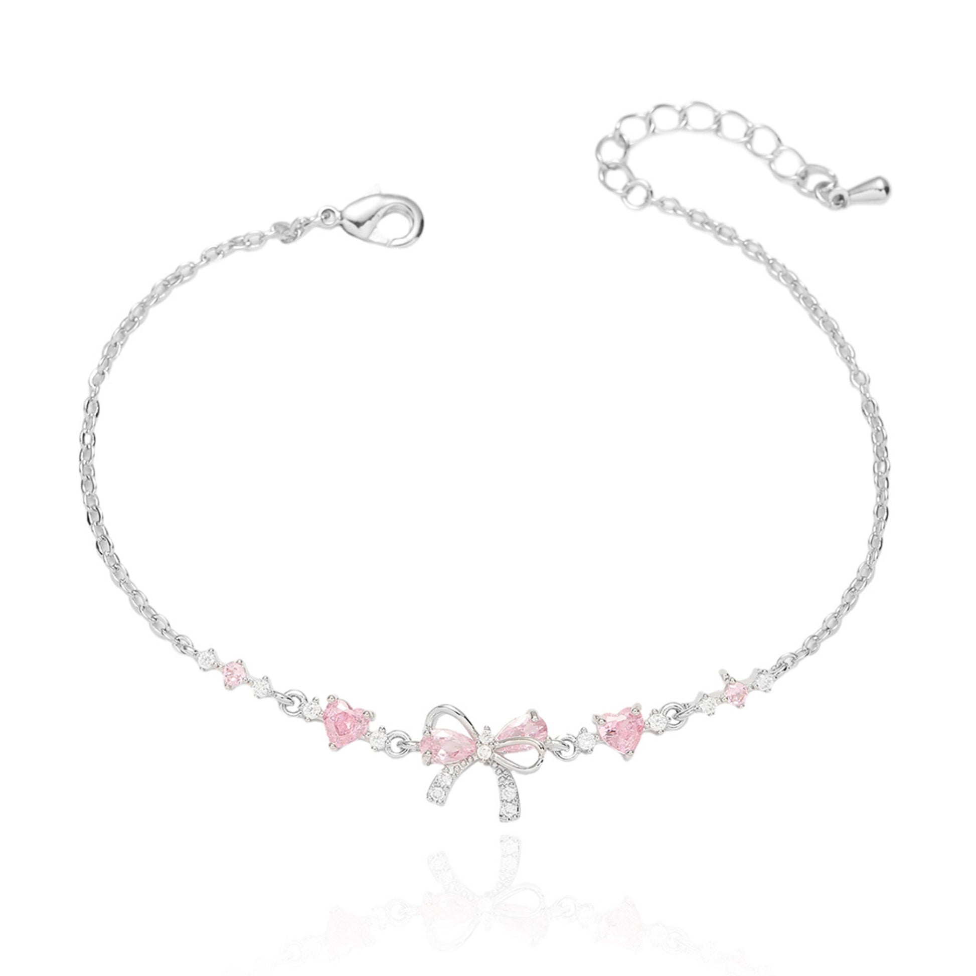Dainty Silver Pink Bow Butterfly Bracelet for Women, Sparkle Charm Jewelry Gift
