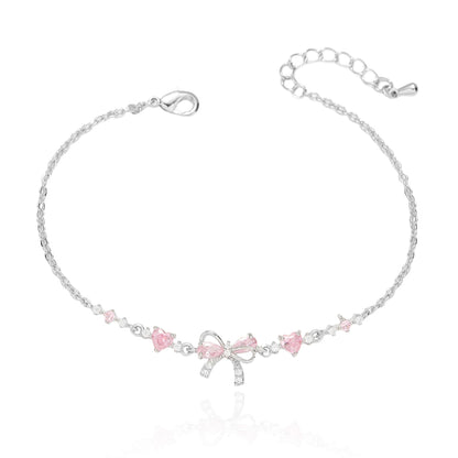Dainty Silver Pink Bow Butterfly Bracelet for Women, Sparkle Charm Jewelry Gift