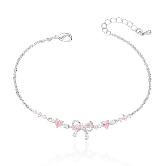 Dainty Silver Pink Bow Butterfly Bracelet for Women, Sparkle Charm Jewelry Gift