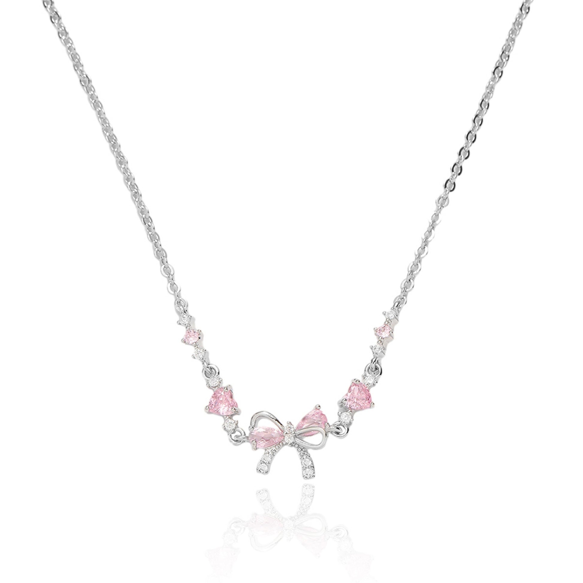 Dainty Silver Bow Pink Butterfly Necklace for Women, Sweet Sparkle Choker, Cute Pastel Aesthetic Jewelry Gift, sygjewelry