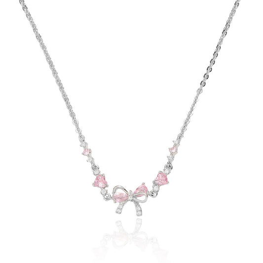 Dainty Silver Bow Pink Butterfly Necklace for Women, Sweet Sparkle Choker, Cute Pastel Aesthetic Jewelry Gift, sygjewelry