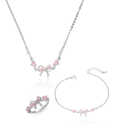 Dainty Silver Pink Butterfly Jewelry Set for Women, Vintage Crystal Choker Necklace Ring Bracelet Set, sygjewelry
