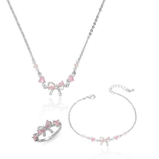 Dainty Silver Pink Butterfly Jewelry Set for Women, Vintage Crystal Choker Necklace Ring Bracelet Set, sygjewelry
