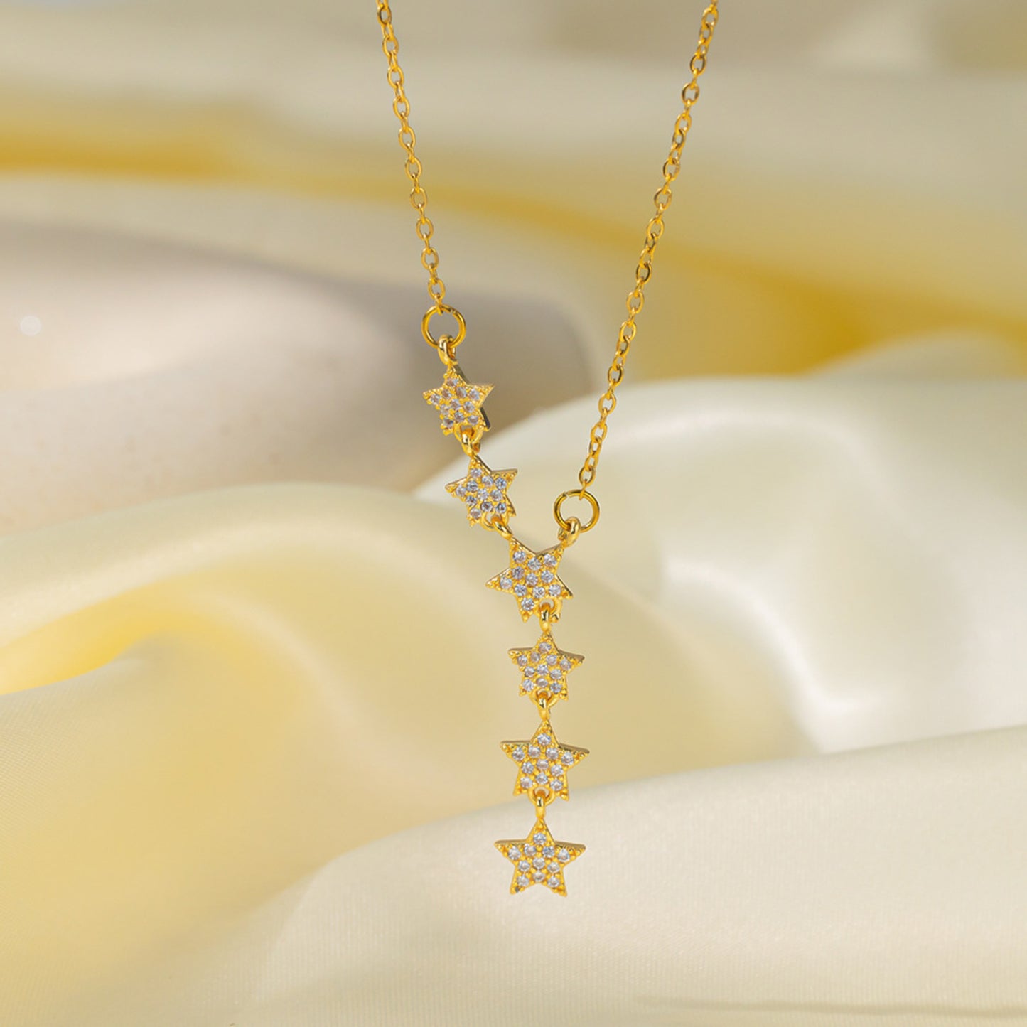 Luxury gold star Y-necklace on silk, sparkling CZ clavicle necklace for women, sygjewelry trendy jewelry gift