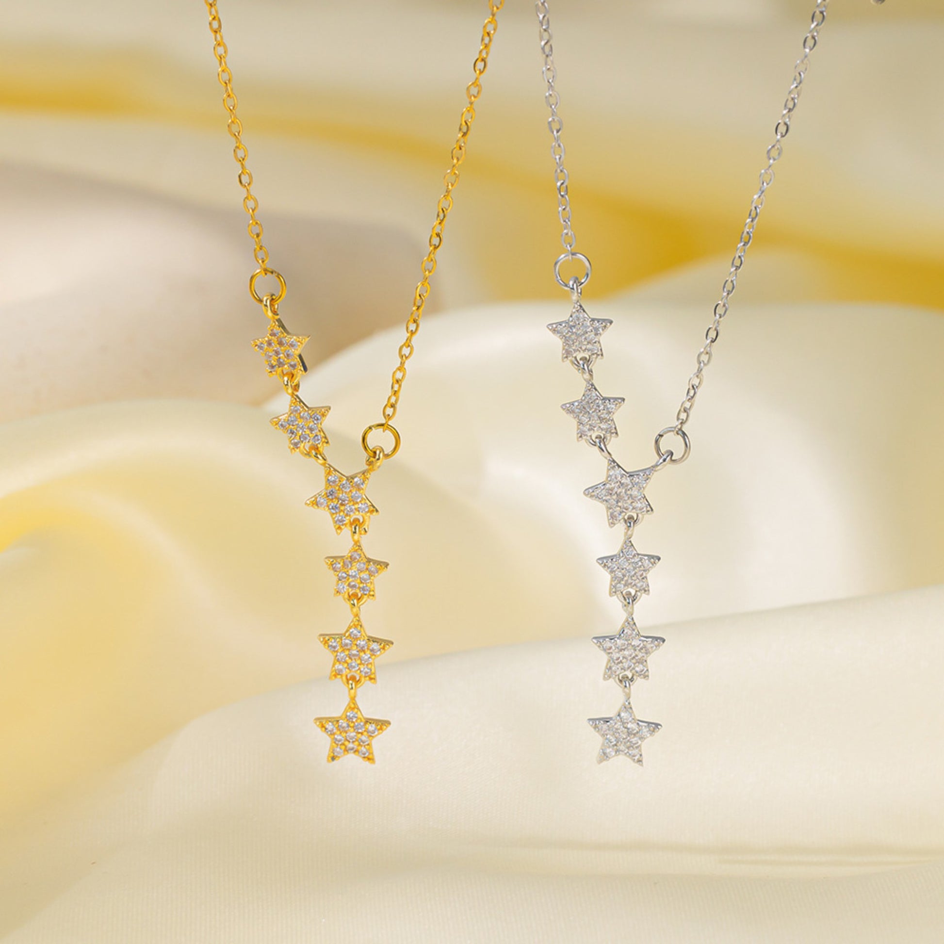 Sparkling gold and silver star Y-necklaces on silk, dainty CZ clavicle necklaces for women, sygjewelry
