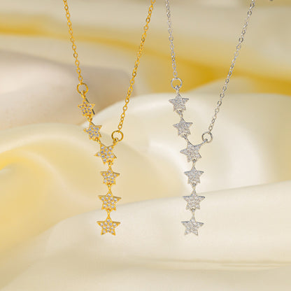 Sparkling gold and silver star Y-necklaces on silk, dainty CZ clavicle necklaces for women, sygjewelry
