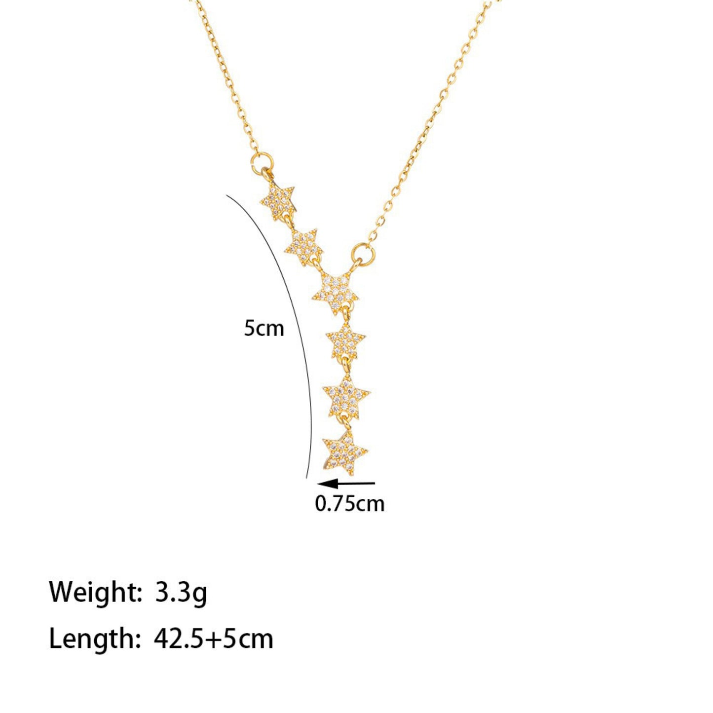 Size chart of luxury gold star Y-necklace for women, sparkling CZ clavicle necklace, sygjewelry
