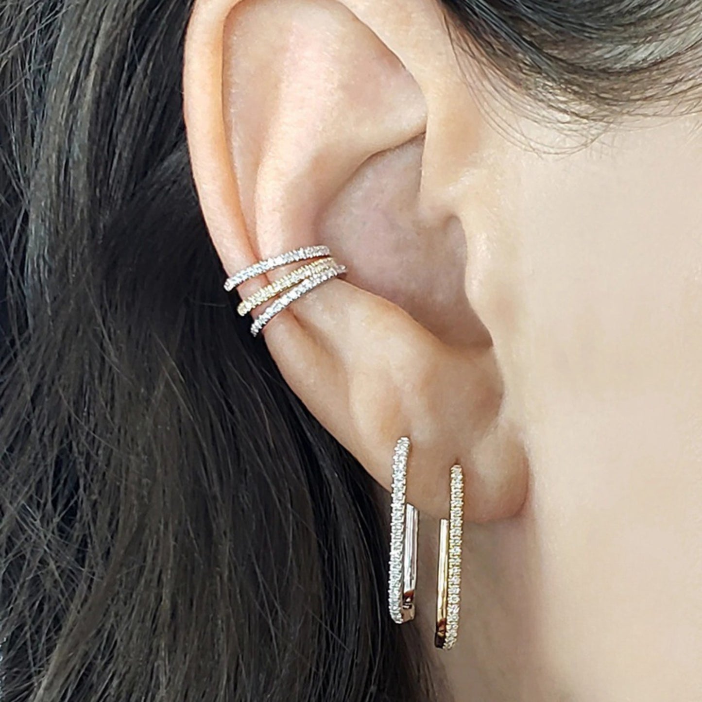 U-shaped rhinestone hoop earrings on ear, 14K gold plated trendy earrings for women, everyday wear jewelry
